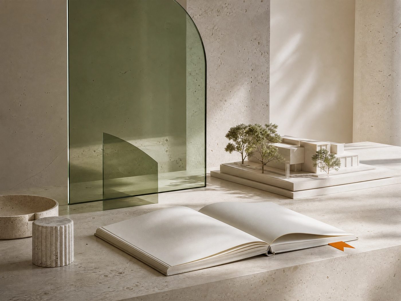 A calm desk with an open notebook and architectural model