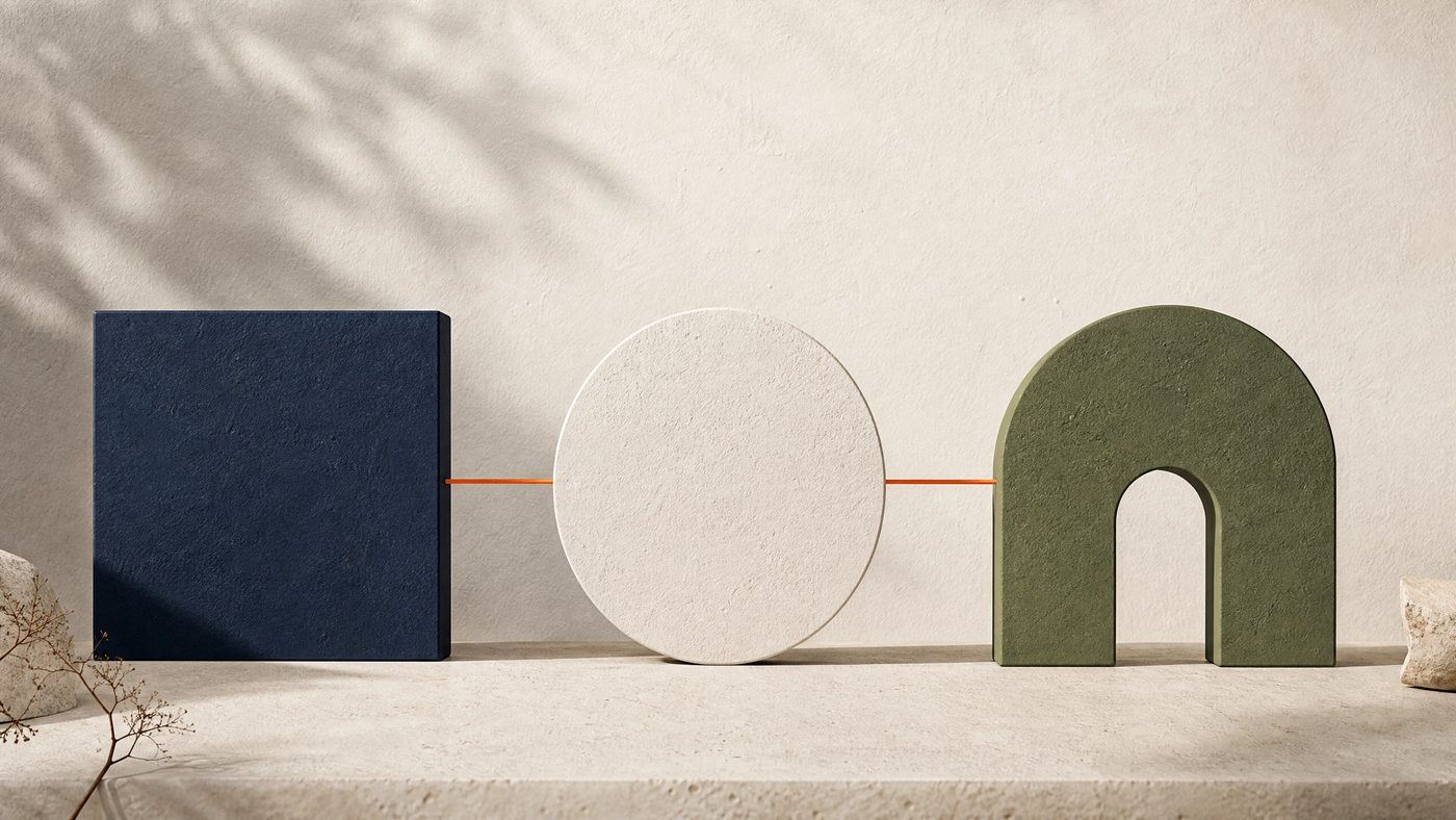 Three connected abstract forms representing a placement process